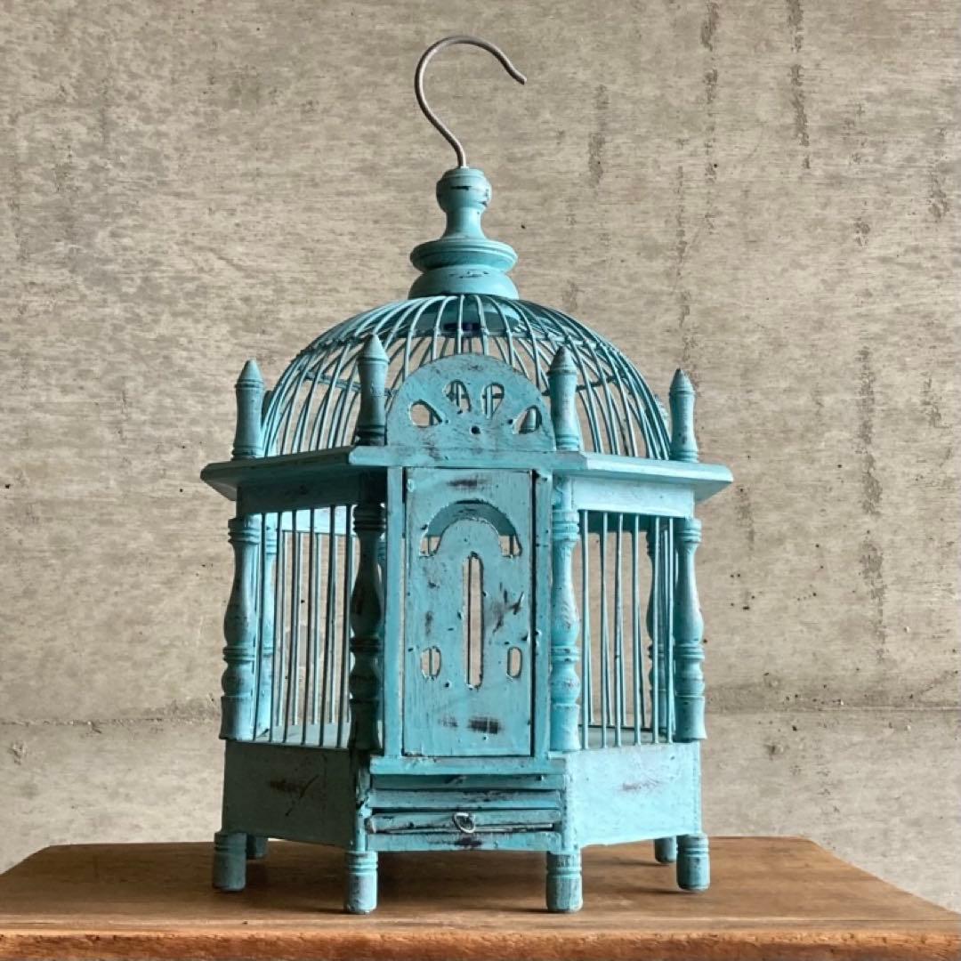 鳥籠 バードゲージ カゴ 小鳥 置物 吊り下げ 水色 青 シャビー レトロ