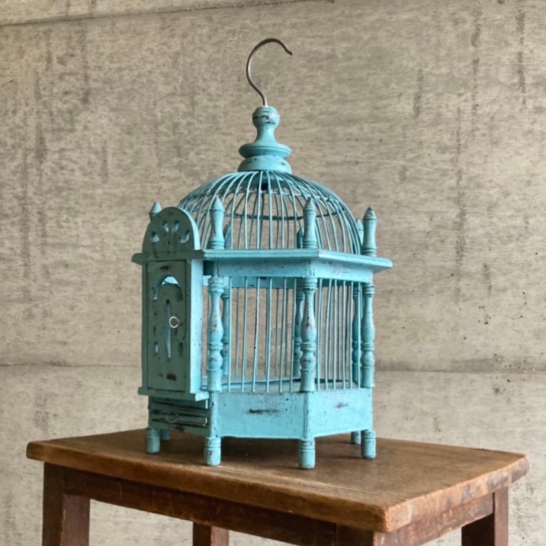 鳥籠 バードゲージ カゴ 小鳥 置物 吊り下げ 水色 青 シャビー レトロ