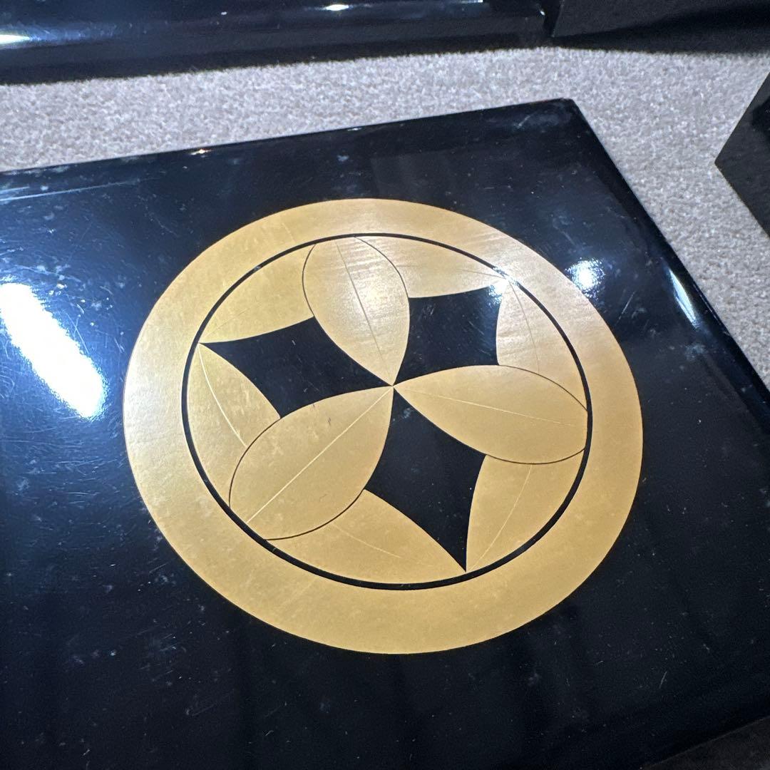 旧家 輪島塗 五段黒重箱 御膳付き 家紋 丸に九枚笹 時代漆器 アンティーク