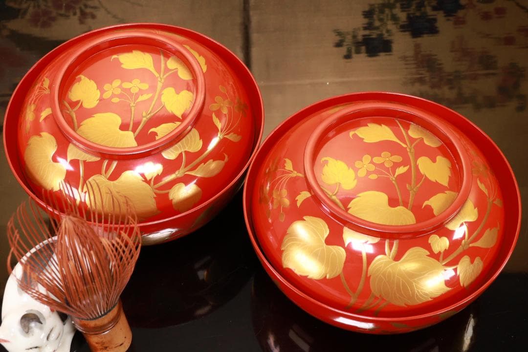 BK129　時代輪島塗　草花図金蒔絵　吸物椀　二客　木製　茶道具 懐石 菓子
