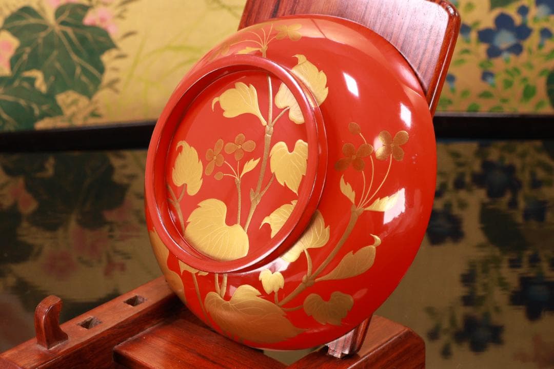 BK129　時代輪島塗　草花図金蒔絵　吸物椀　二客　木製　茶道具 懐石 菓子