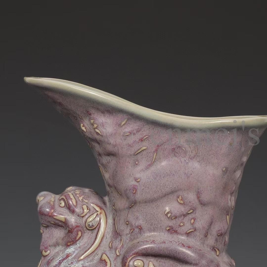 中国古美術・宋鈞窯款・玫瑰紫釉獅子爵杯・酒具・木箱付・文房具・茶道具・陶磁器