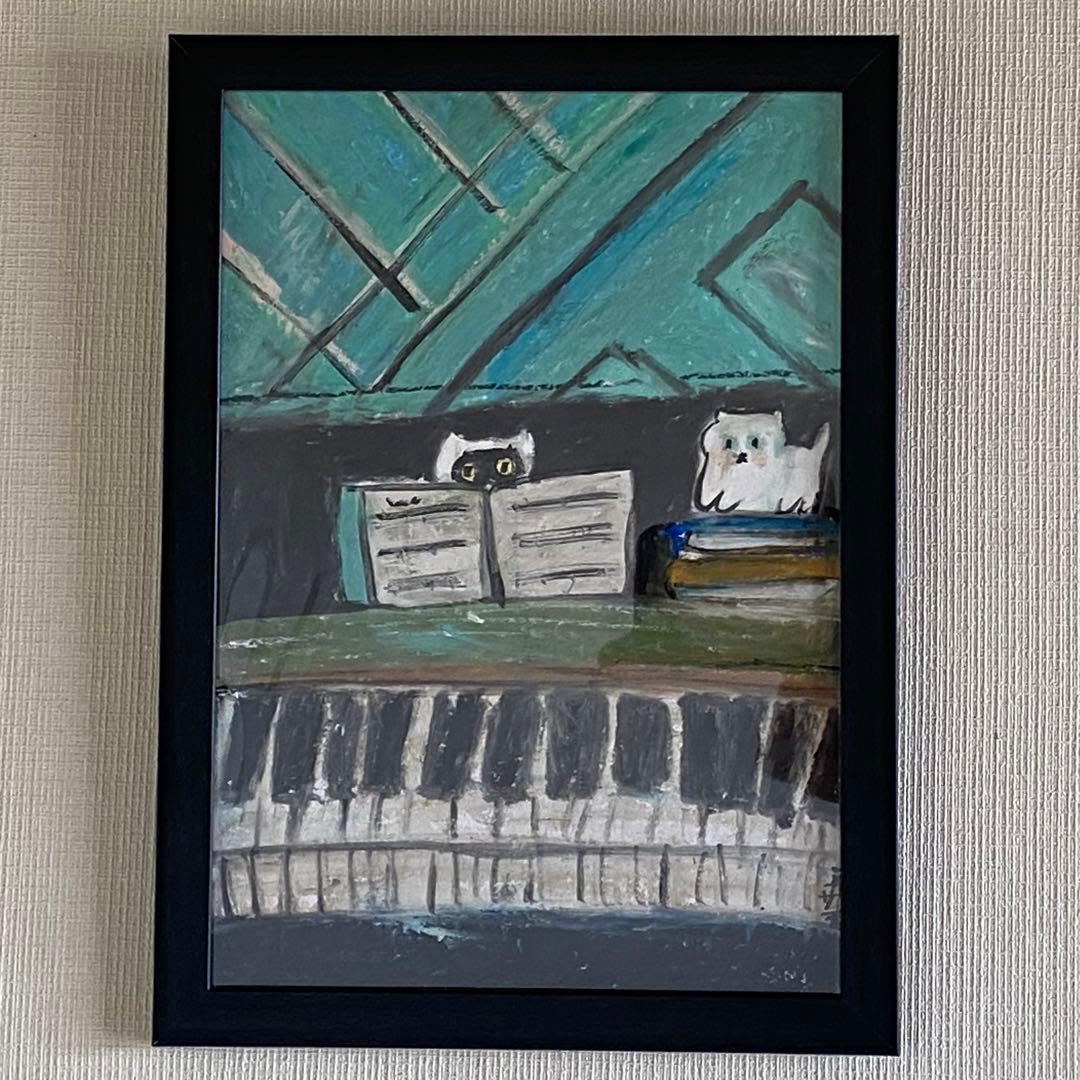絵画。壁掛け原画【青い空の下のピアノの曲と楽しい猫たち】
