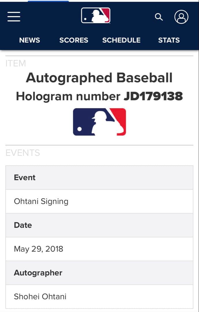 大谷翔平 ルーキー 直筆サイン 【MLBホログラム 2018年5月29日】