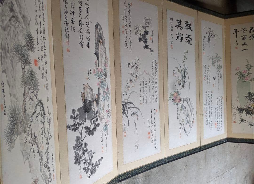 雪渓など/六曲屏風と木箱セット/明治期書画家の合作/希少骨董古美術vintage