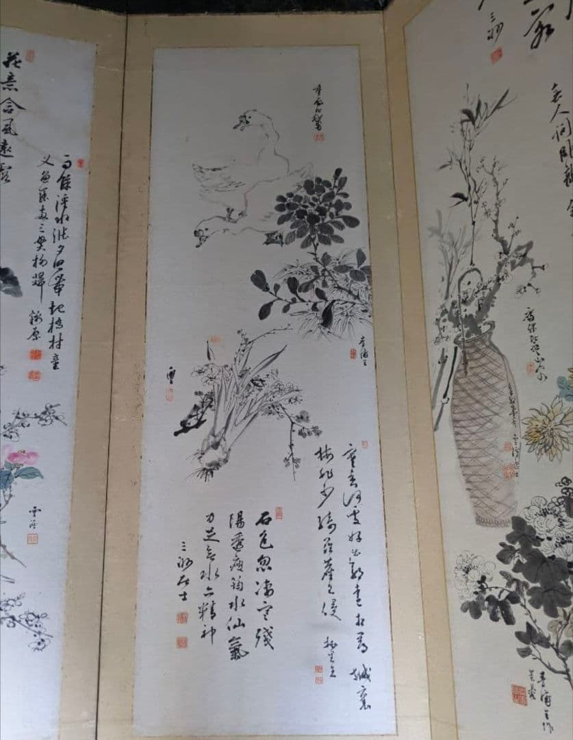 雪渓など/六曲屏風と木箱セット/明治期書画家の合作/希少骨董古美術vintage