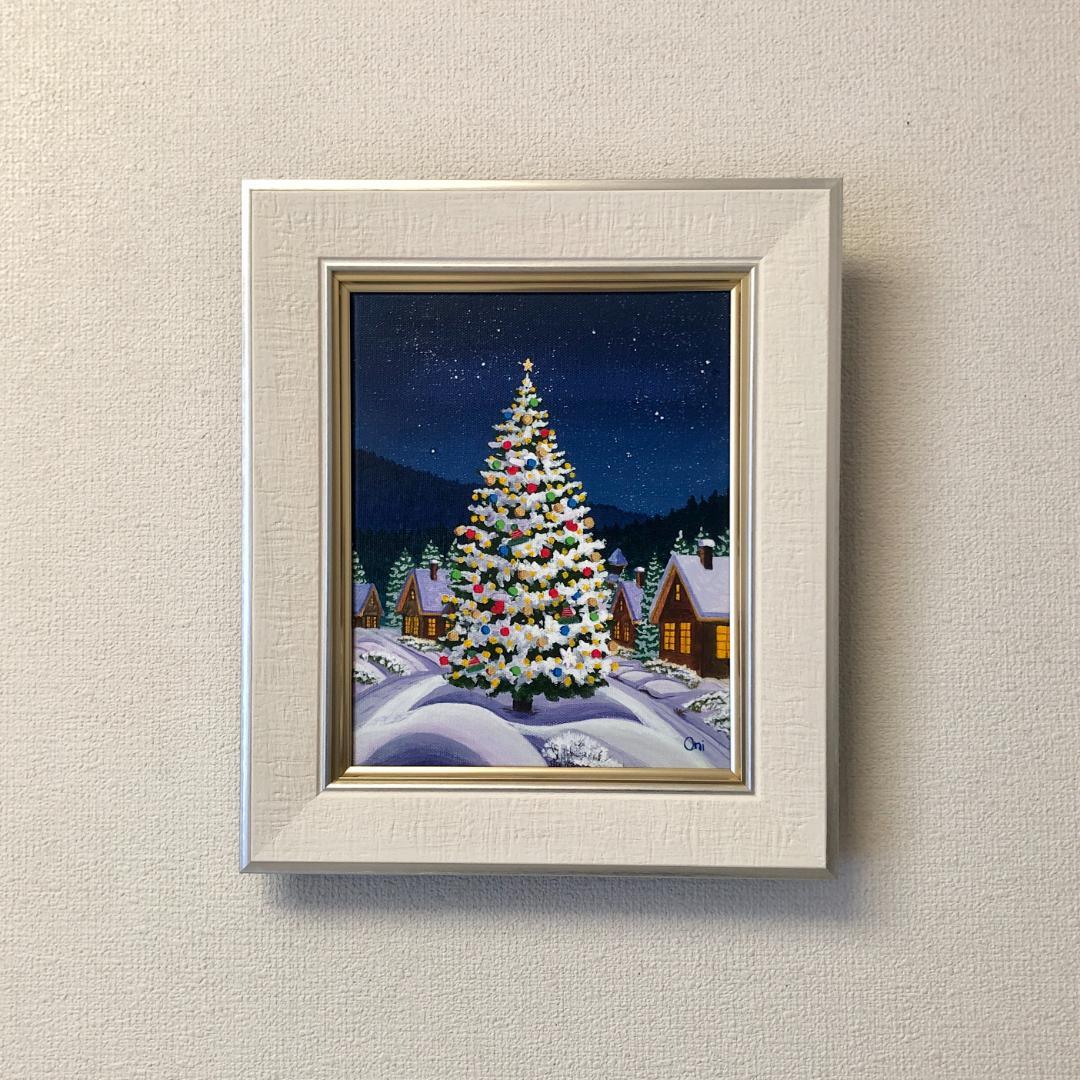 アクリル画　原画　「星降る夜のクリスマス03」額縁付　F3サイズ　キャンバス