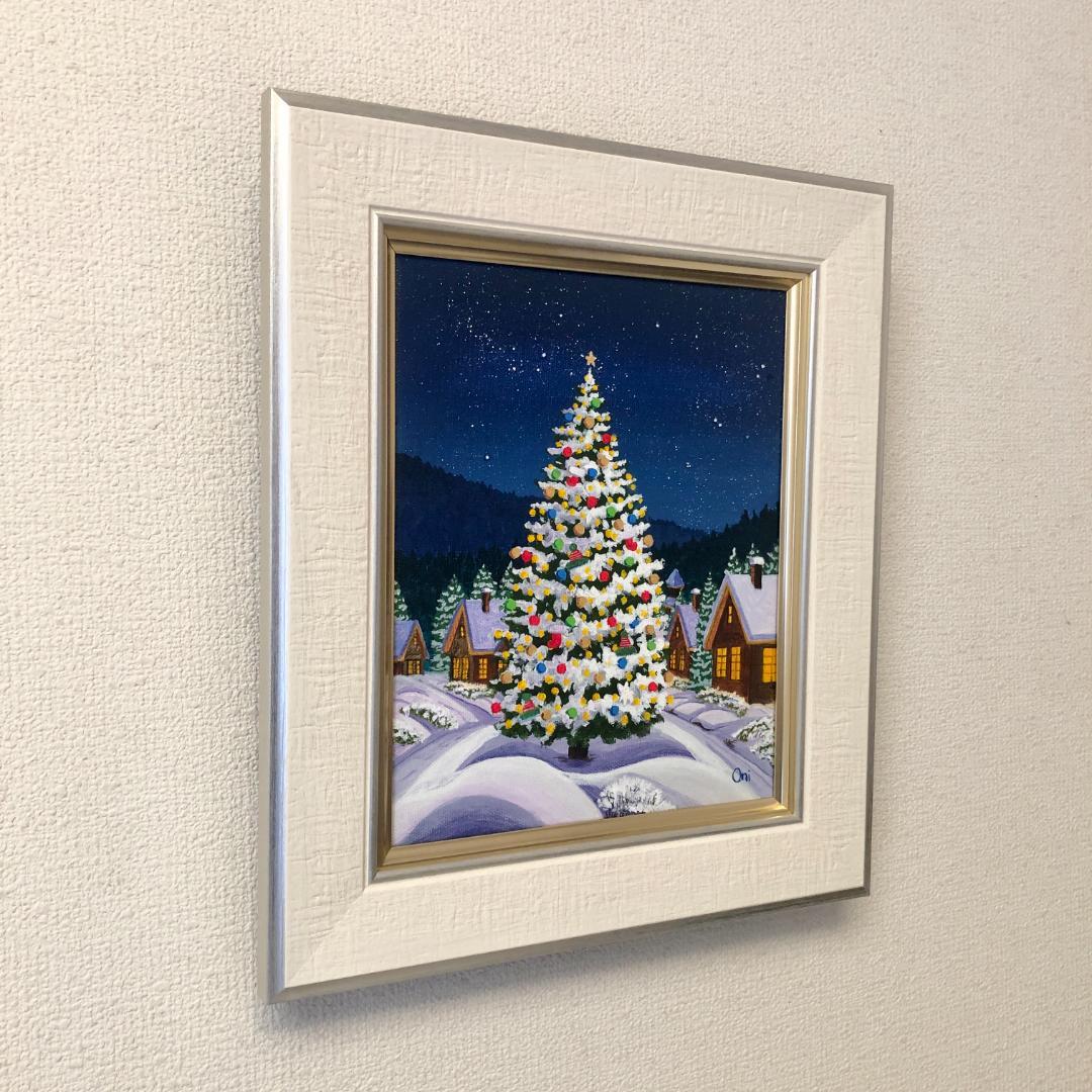 アクリル画　原画　「星降る夜のクリスマス03」額縁付　F3サイズ　キャンバス