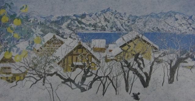 小笠原元、【春の雪】、希少な額装用画集より、新品額装付、状態良好