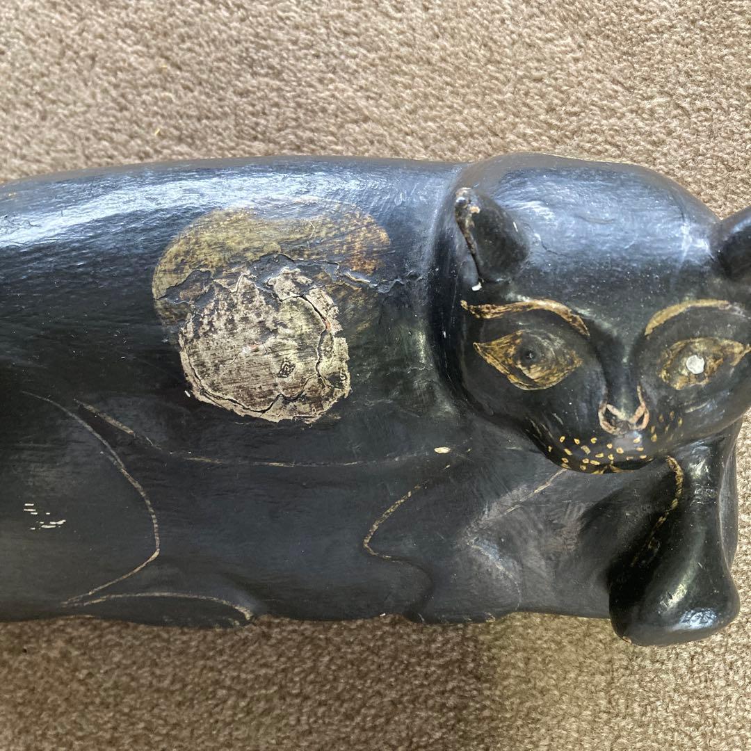 黒猫 木彫り 26cm アンティーク オブジェ オールドキャット
