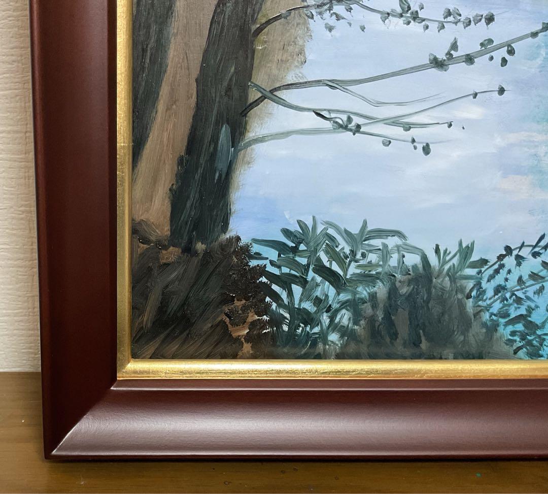 油彩画　「　晩秋の湖畔　」　原画　額付　F4号