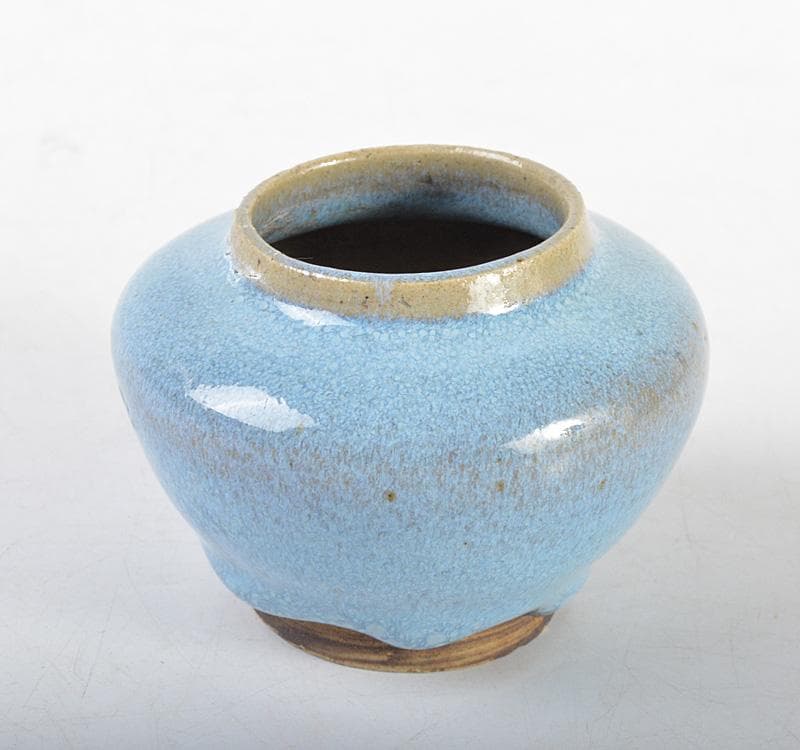 中国　汝窯　天青釉　茶入　茶壷　蓋・仕覆付　時代箱　M　R4570