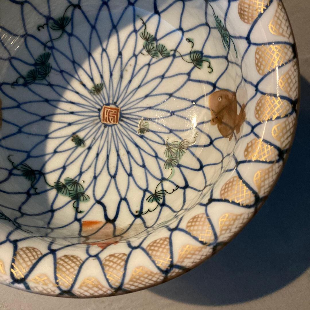 【貴重】古伊万里　染付色絵鉢　網目　金魚　金彩　茶碗　陶器　骨董品　江戸後期