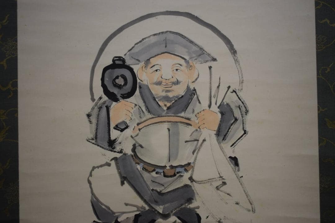 真作/松本楓湖/俵大黒図/絹表装/桐共箱付/布袋屋掛軸HG-358