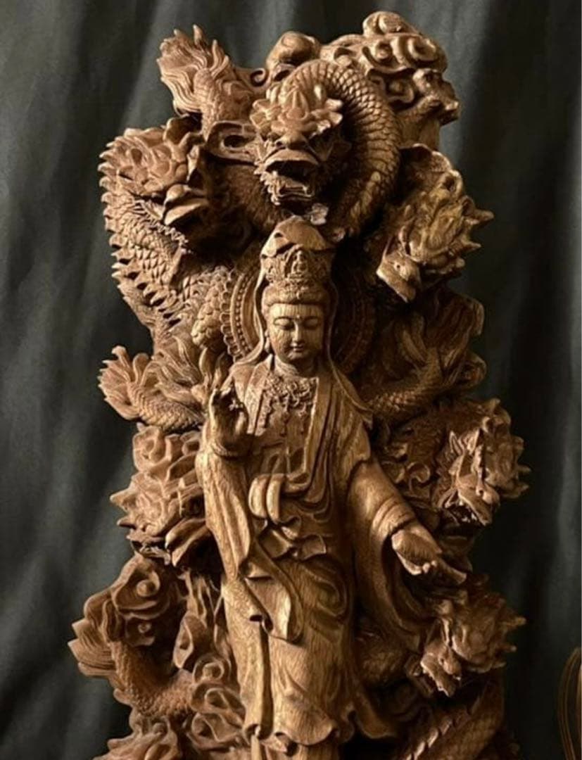 仏教工芸品　総楠製　井波彫刻　一刀彫　極上彫　木彫仏像　九龍観音菩薩立像