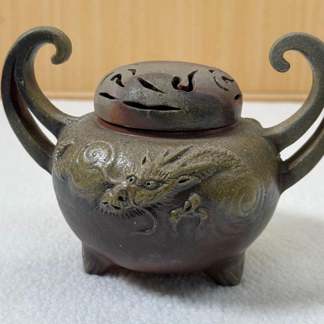 蔵出し/備前竜香炉 小山一草 共箱 共布 栞 備前焼 龍細工 茶道具 香道具