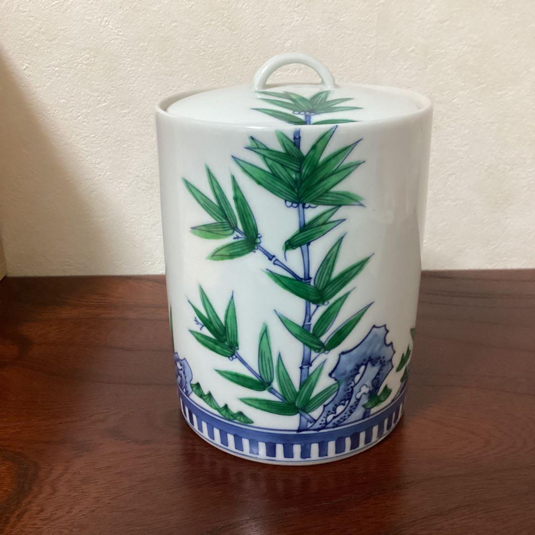 水指　正村千馨作　染付水指岩竹文　共箱　茶道具