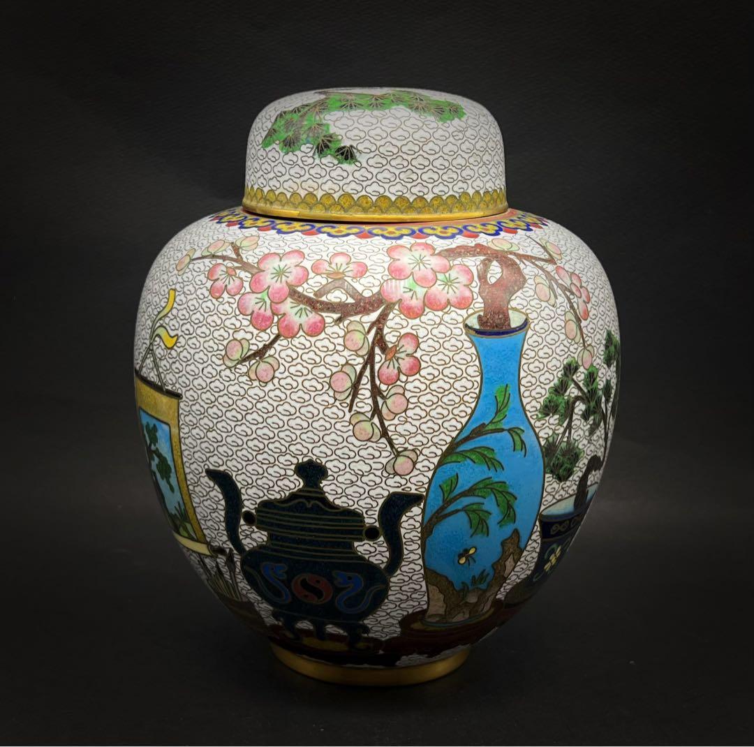 中國美術 古玩 景泰藍 七宝焼 超大博古紋茶入 茶筒 茶道具 高さ20.5cm