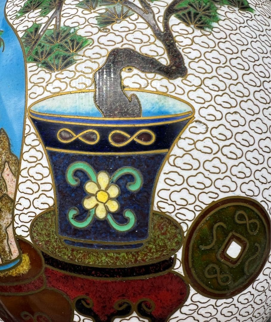 中國美術 古玩 景泰藍 七宝焼 超大博古紋茶入 茶筒 茶道具 高さ20.5cm