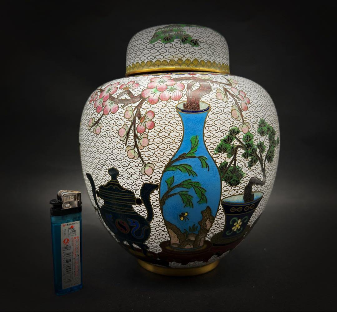 中國美術 古玩 景泰藍 七宝焼 超大博古紋茶入 茶筒 茶道具 高さ20.5cm