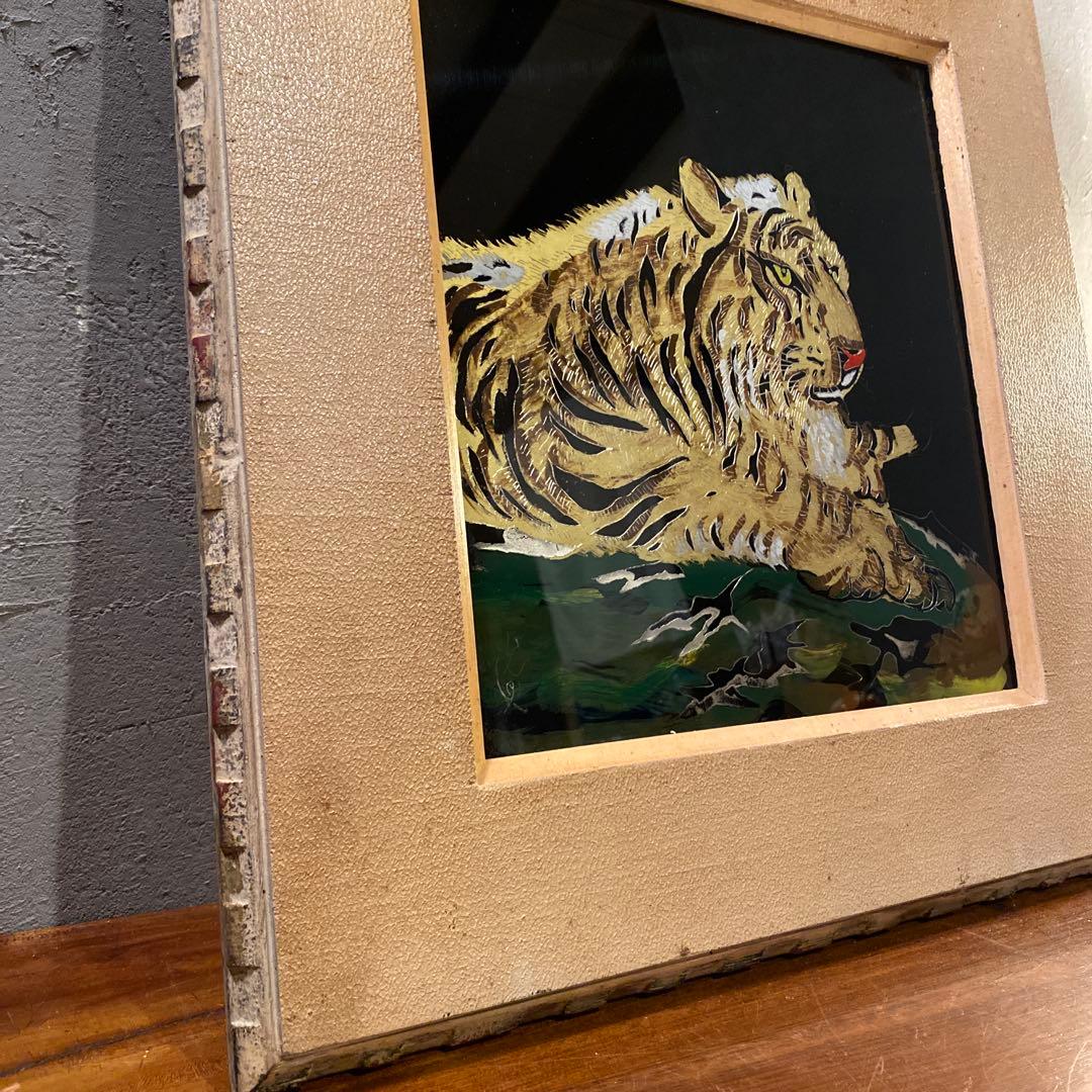 昭和39年 日光 虎 絵画 硝子絵 アート 額装品 骨董品 縁起物