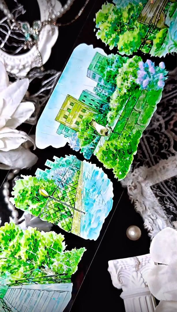 【8902】海外　マステ　3/5/巻　貝殻光マスキングテープ　雨景色　公園