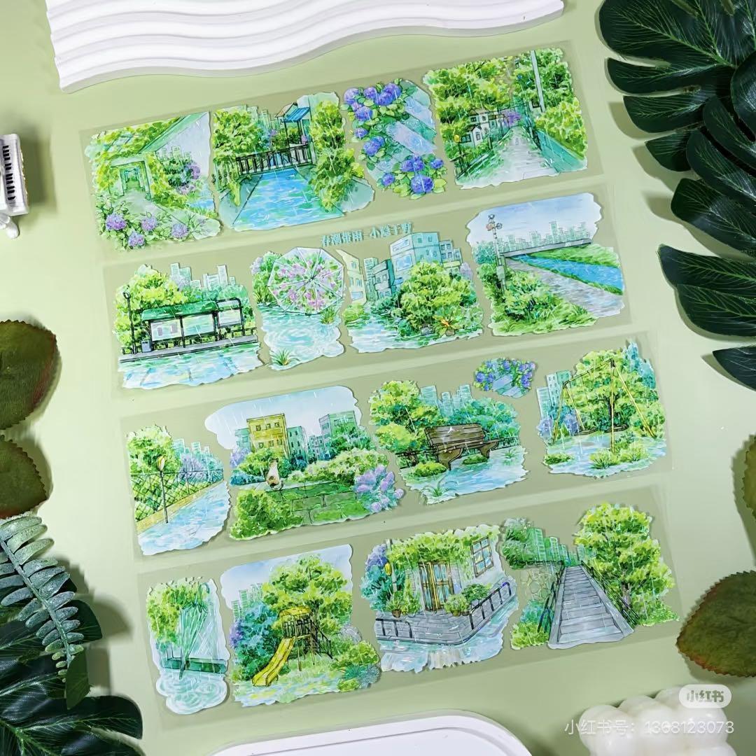 【8902】海外　マステ　3/5/巻　貝殻光マスキングテープ　雨景色　公園