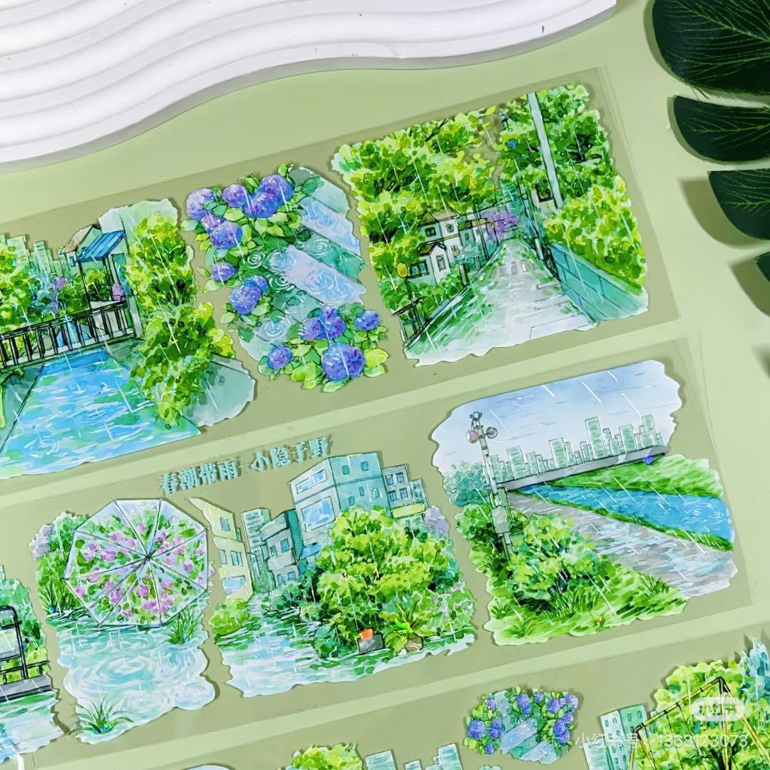 【8902】海外　マステ　3/5/巻　貝殻光マスキングテープ　雨景色　公園