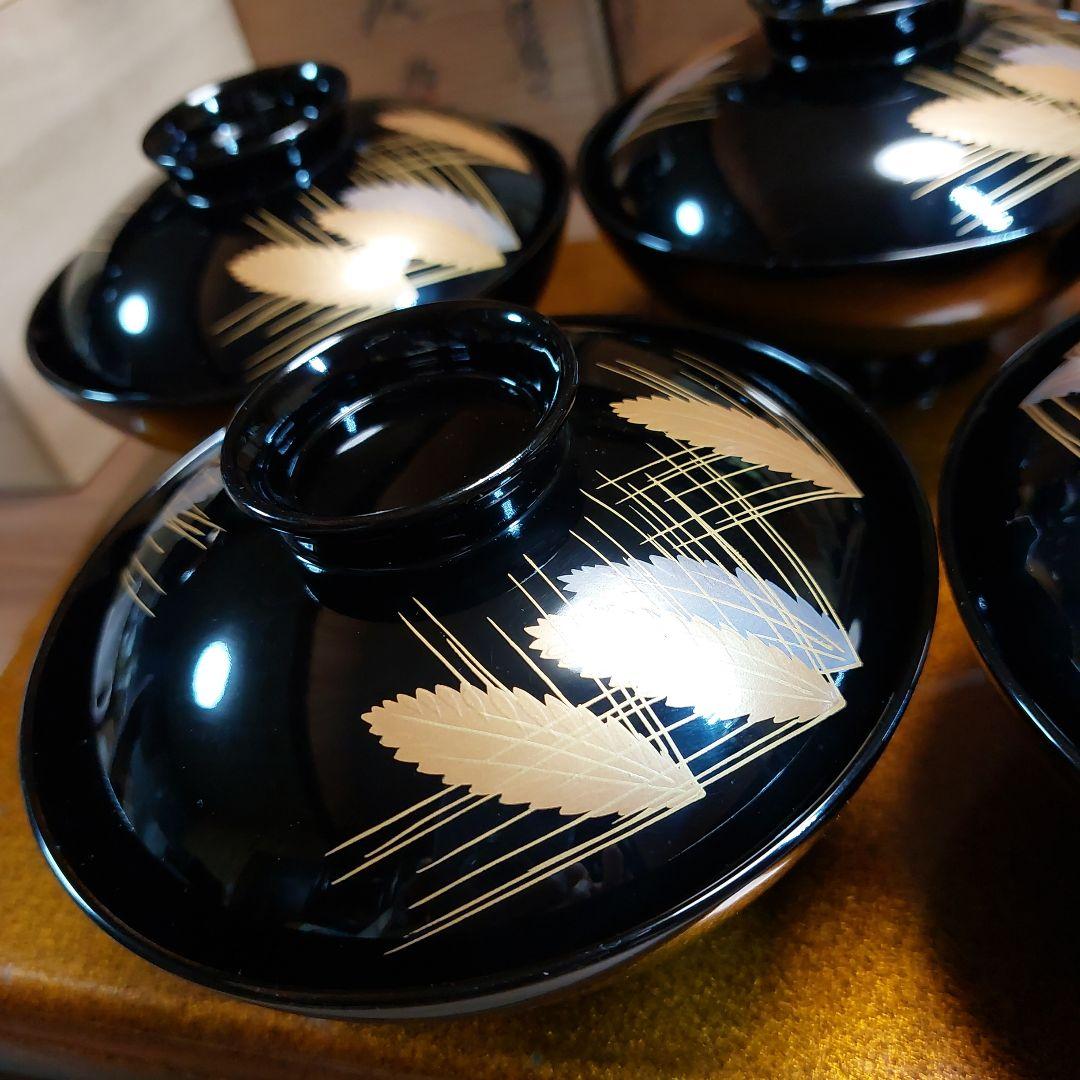 輪島黒塗金銀麦頭蒔絵椀五