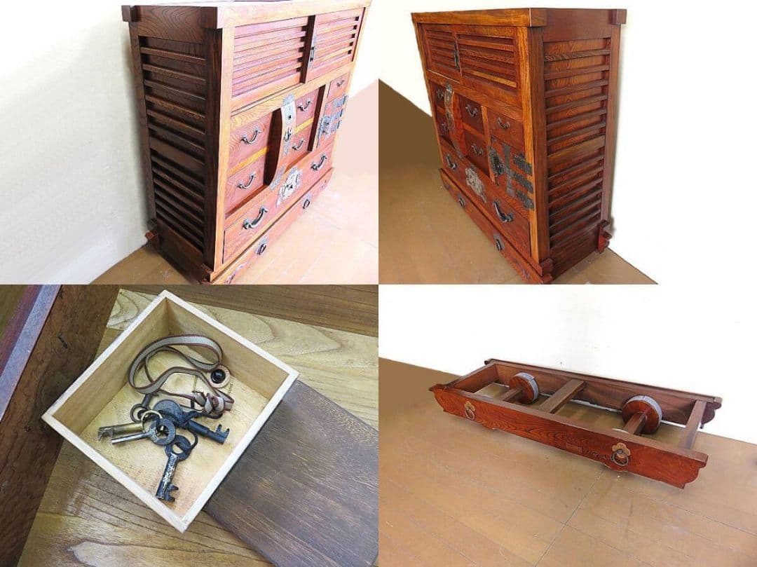 【在銘 七屋太郎刀】欅無垢材 車箪笥 鍵付き 玉杢・虎杢 時代箪笥 高級総欅