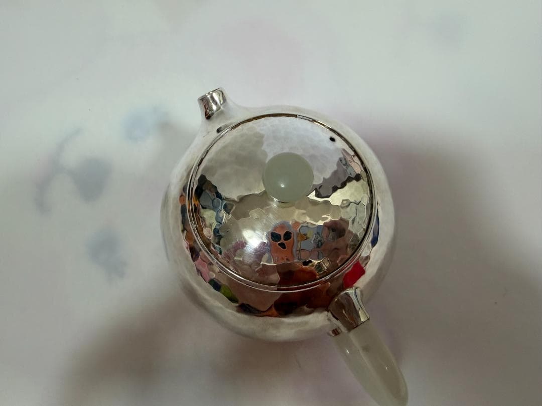 純銀製 丸形 鎚目 玉石摘 急須 銀瓶 煎茶道具