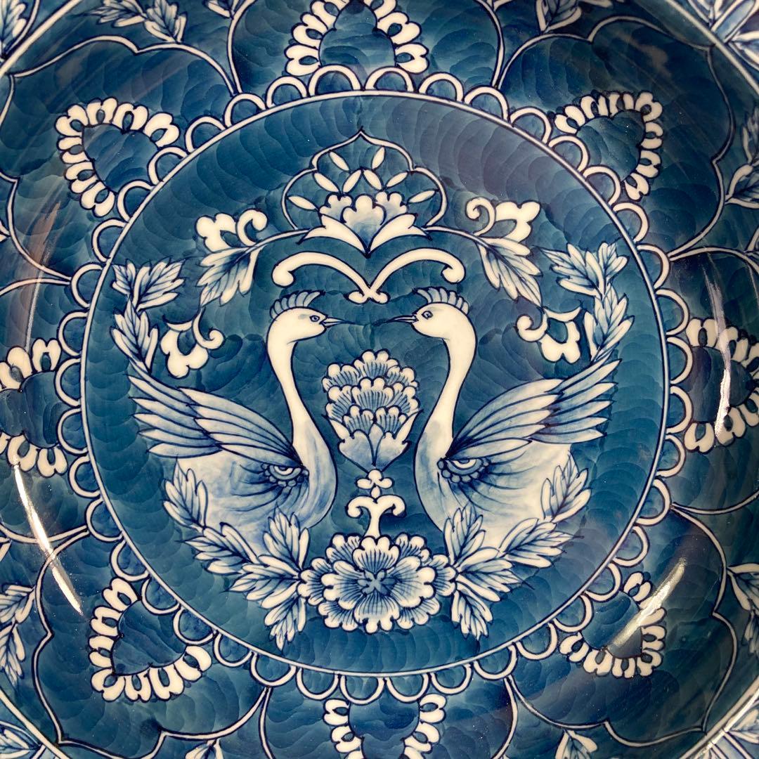 【源右衛門】古伊万里の伝統　日本名窯　舘林源右衛門作　染付濃双鳥文　特大花形深鉢