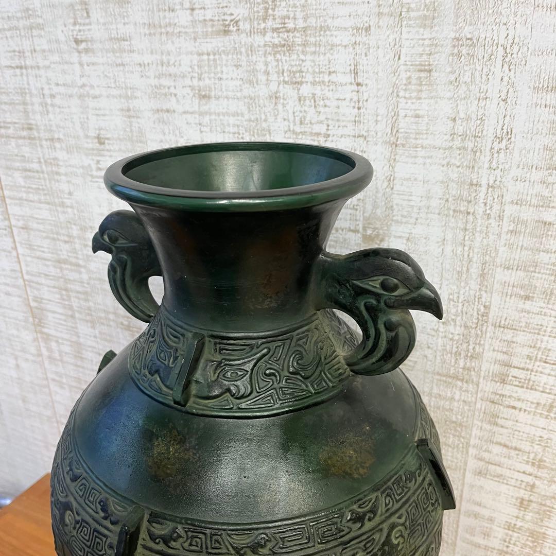 【アンティーク】高岡銅器 渋谷鳳州 饕餮紋 鷹耳付 壷 花器 青銅 古道具