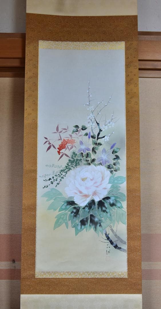 ＮＯ３四季花掛軸　野村石州作　絹本肉筆　共箱