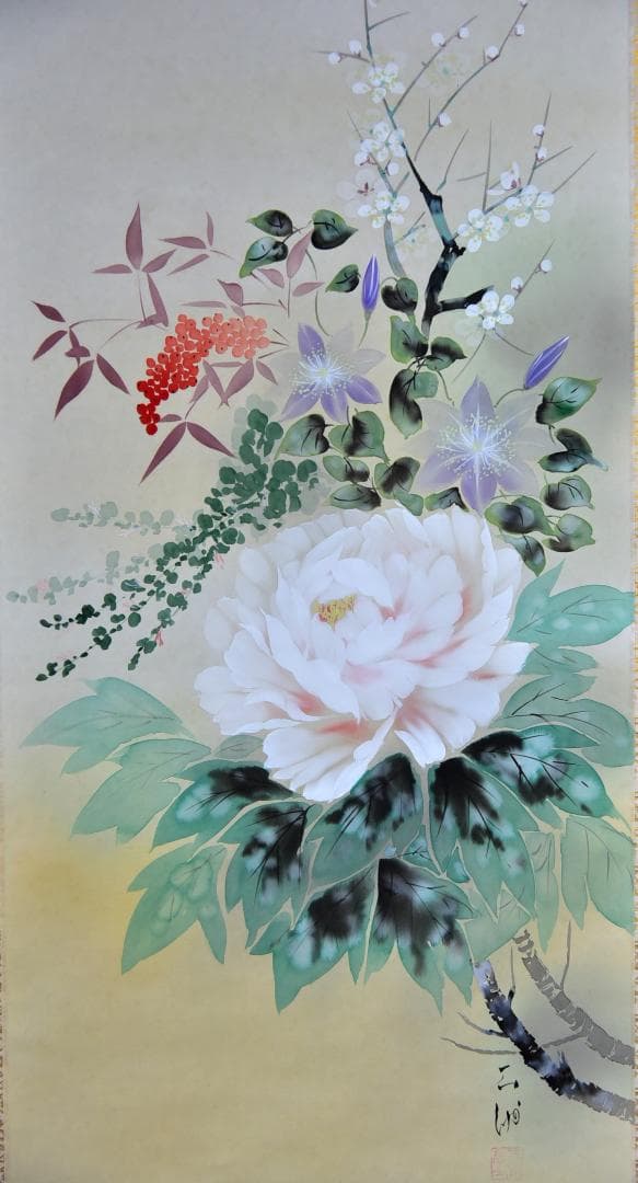 ＮＯ３四季花掛軸　野村石州作　絹本肉筆　共箱