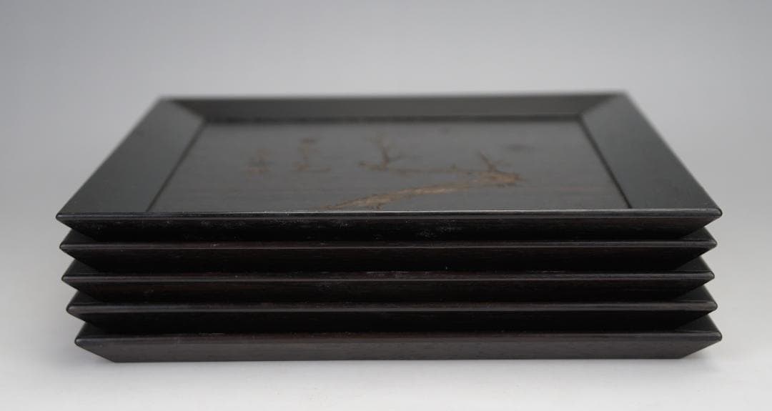 手彫り　五君子漢詩文　唐木　四方皿　五客揃い　作家在銘　煎茶道具