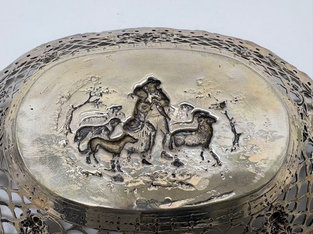 羊飼いと娘 シルバー ディッシュトレイ 銀製 800 刻印 楕円 透かし彫り