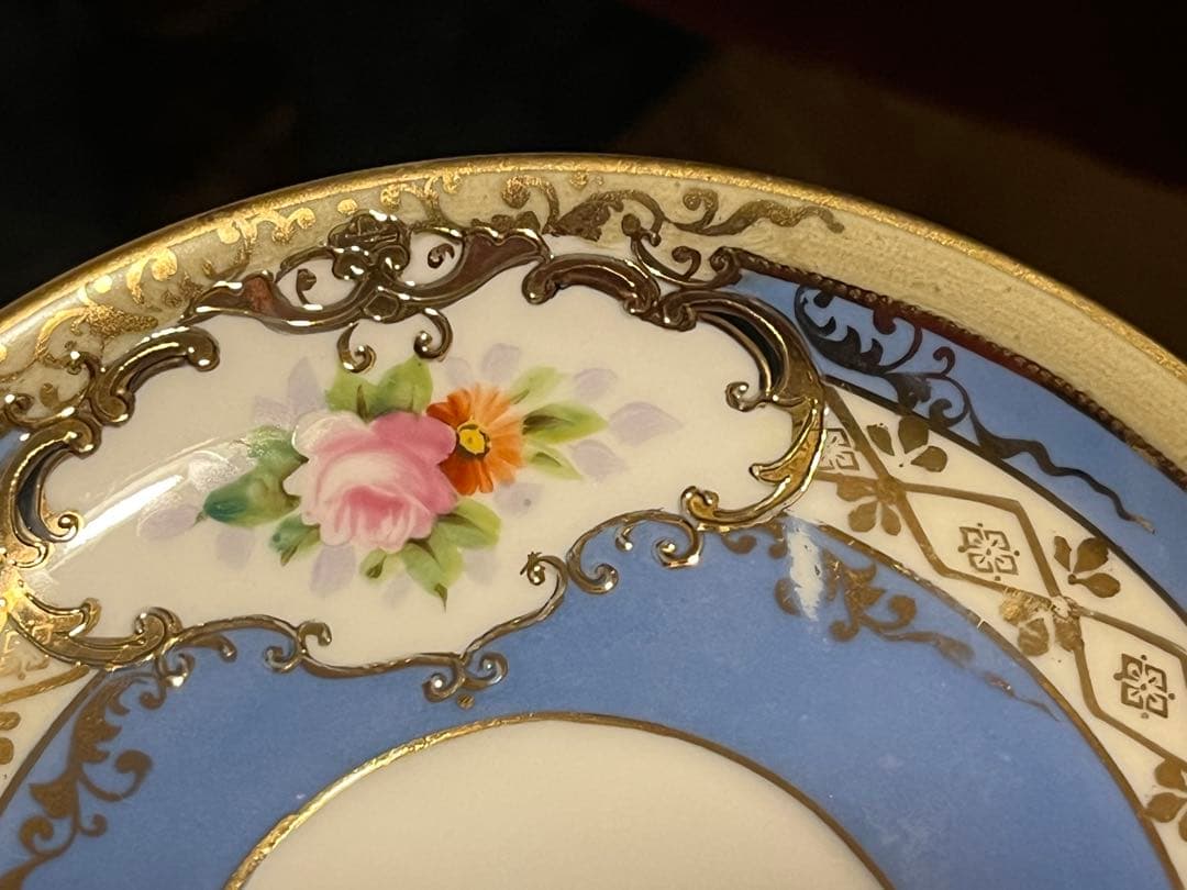 美品　オールドノリタケ　マルキ印　青と薔薇の装飾　金彩　ティーセット