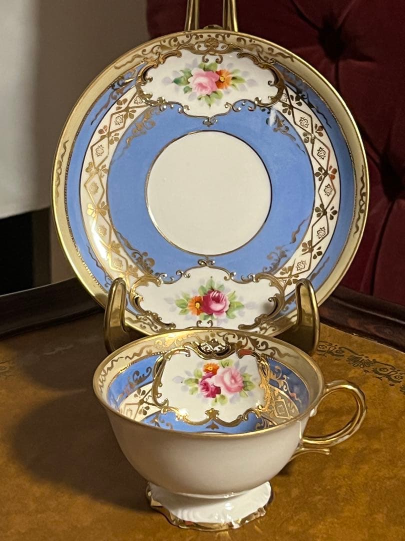 美品　オールドノリタケ　マルキ印　青と薔薇の装飾　金彩　ティーセット