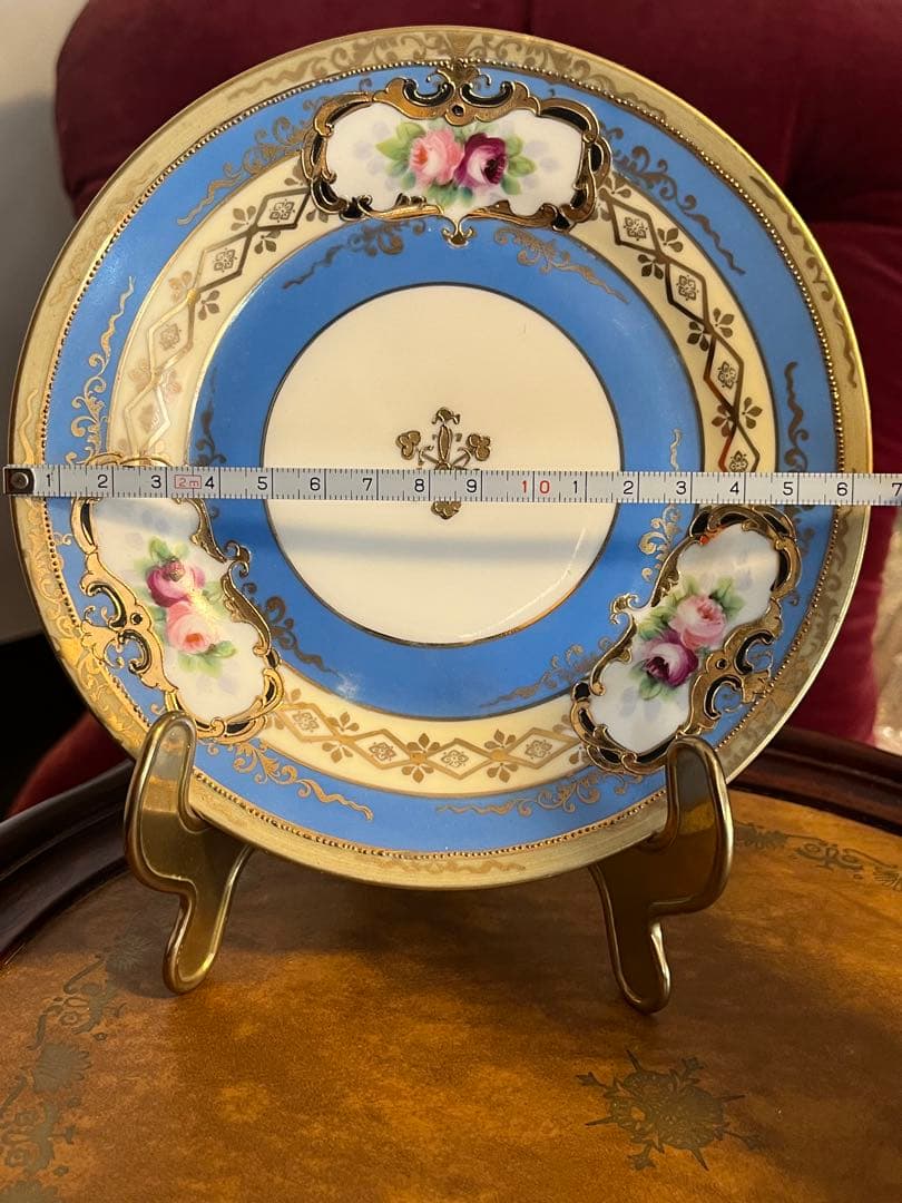 美品　オールドノリタケ　マルキ印　青と薔薇の装飾　金彩　ティーセット