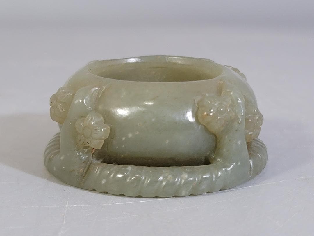 和田玉水孟　幅約6.5㎝　古玉彫刻 花彫紋 細工 書道具 唐物 中国美術 古玩