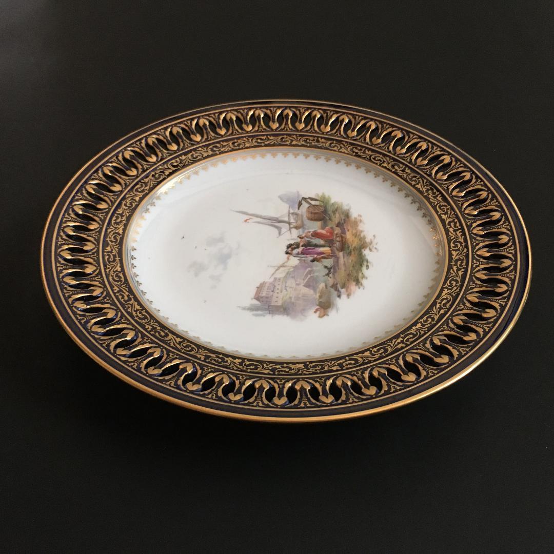 古マイセン 金彩 オランダ港湾風景 コバルト地 透かし絵皿 直径 23.5cm