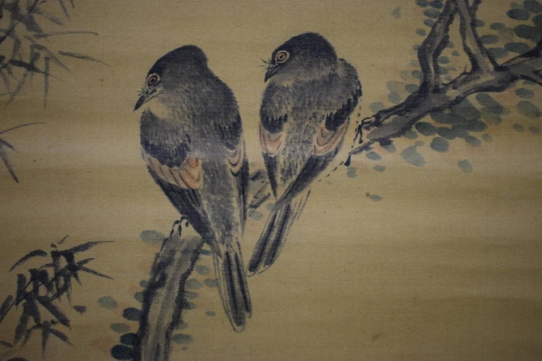 真作/高橋草坪/花鳥小禽図画賛/布袋屋掛軸HJ-818