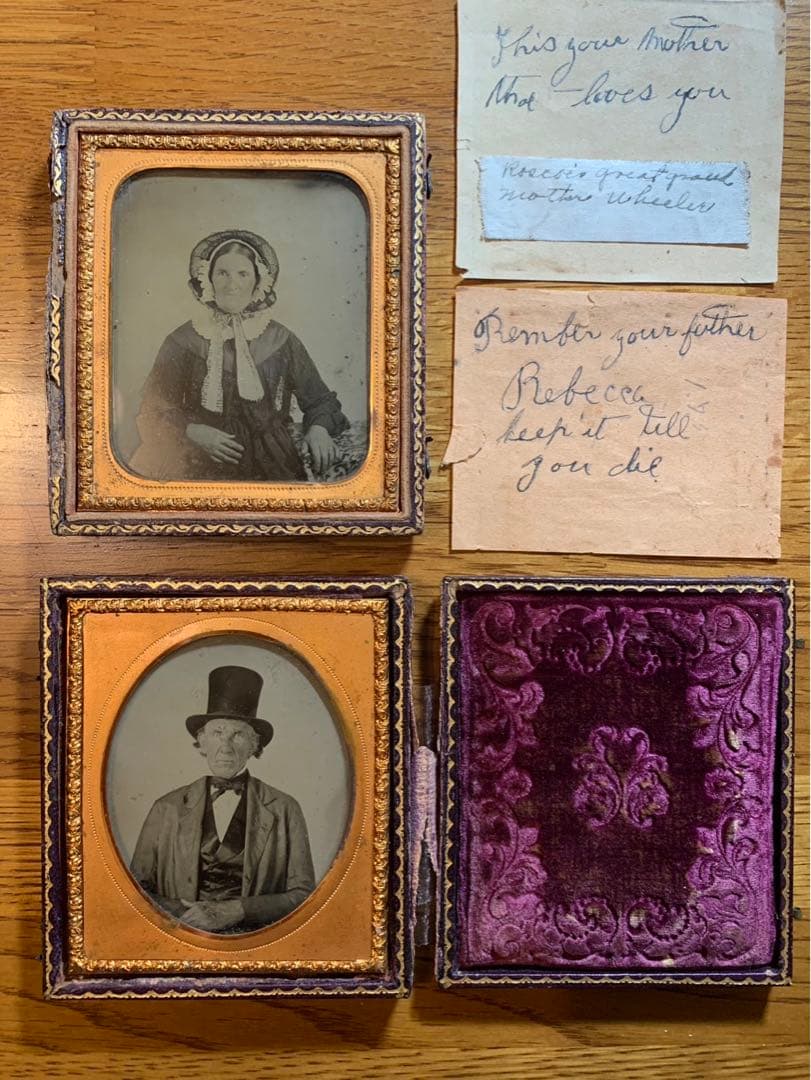 アンブロタイプ　アンティークフォト　ロット（2）夫と妻　面白い手書きのメモ付き。