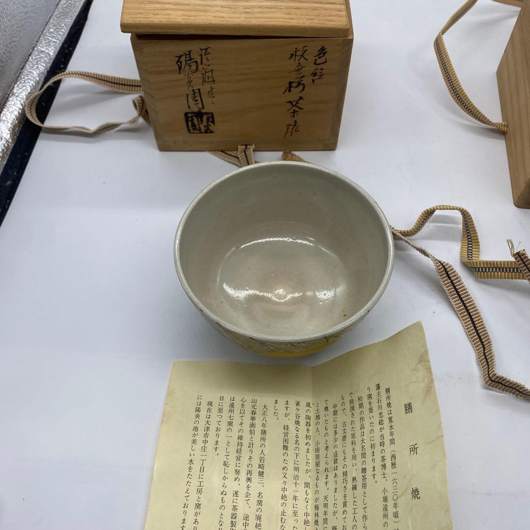 膳所焼 陽炎園 色絵 しだれ桜 茶碗 共箱 茶道具 抹茶碗 淡海ぜぜ 岩崎健三