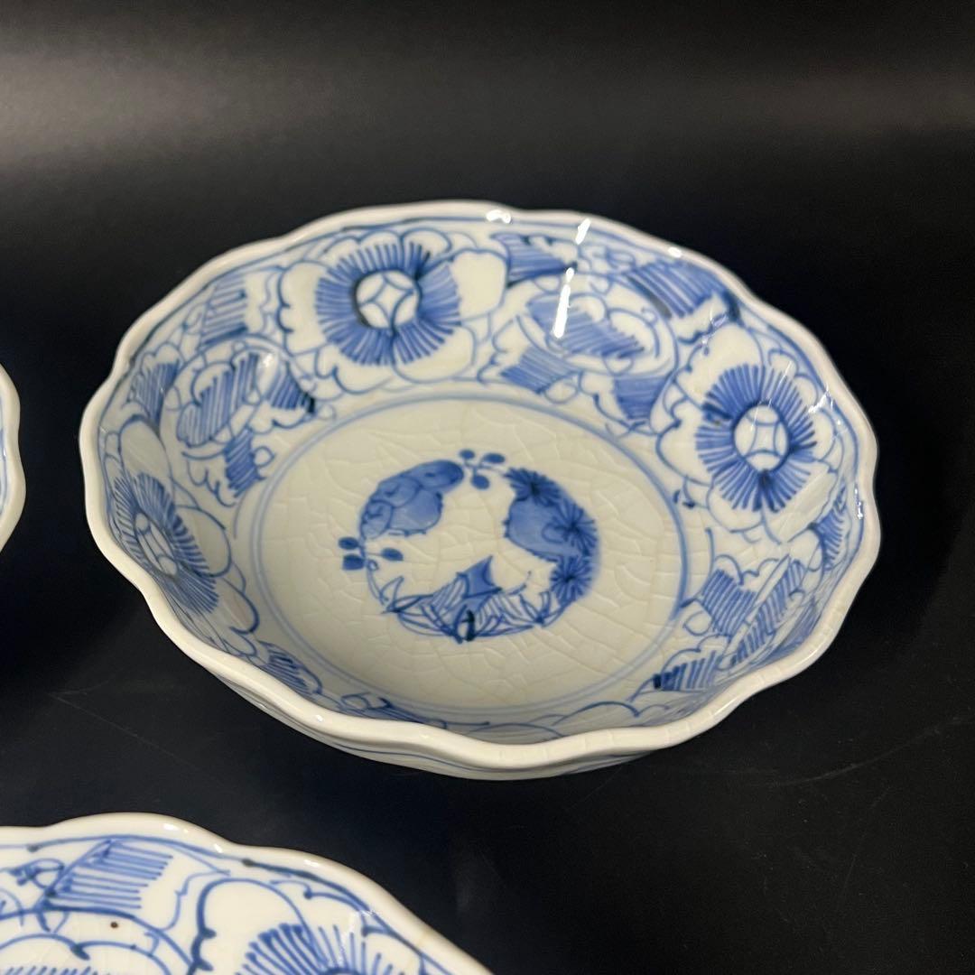 明治期 染付 松竹梅図 なます皿 5客揃 白磁 貫入◎古道具庵々