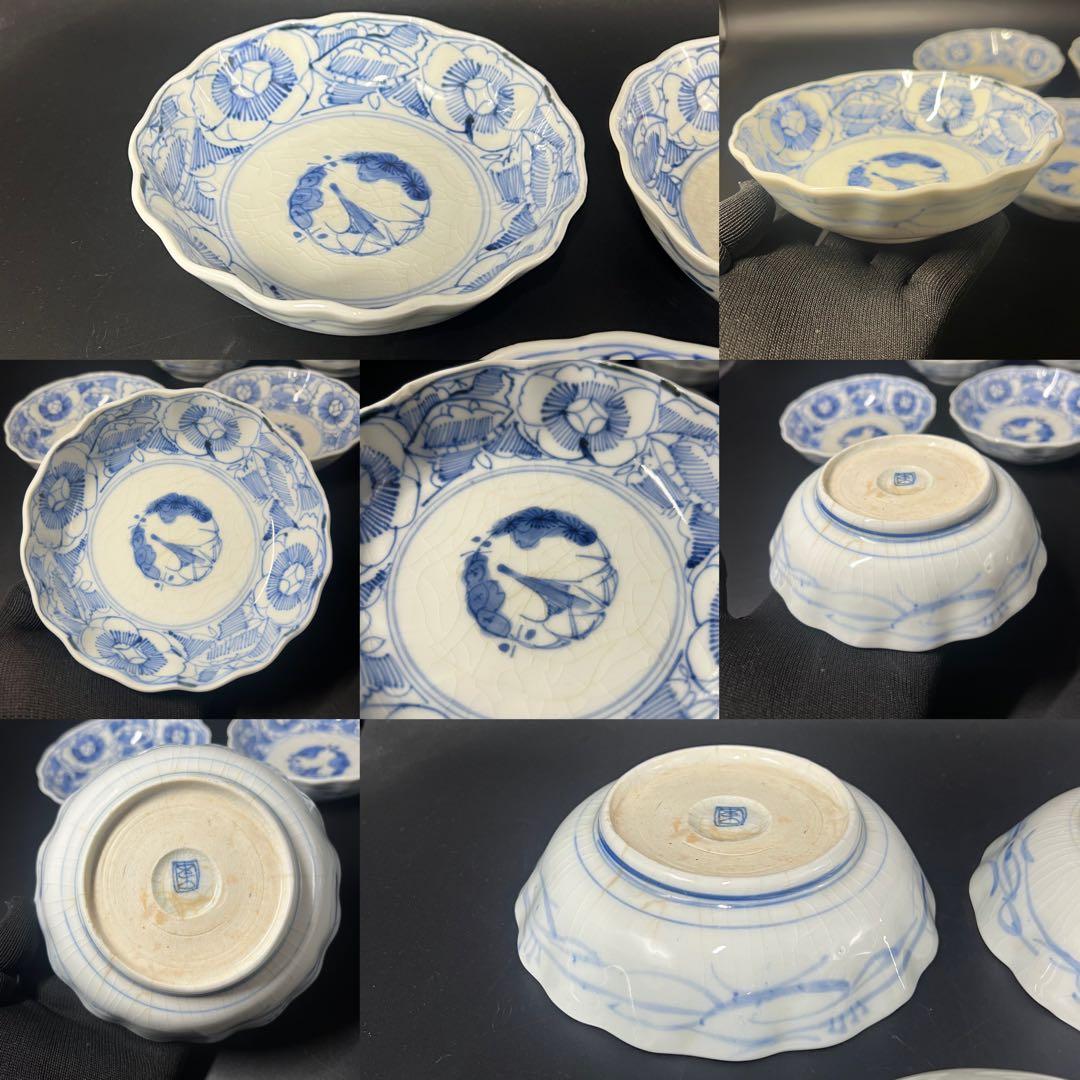 明治期 染付 松竹梅図 なます皿 5客揃 白磁 貫入◎古道具庵々