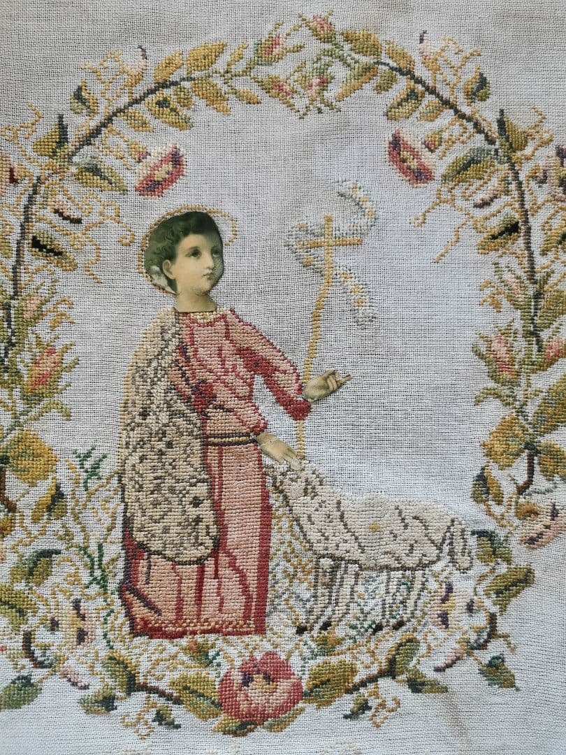 アンティーク 洗礼者聖ヨハネと羊プチポワン 薔薇朝顔菫ニードルポイント 麻布付