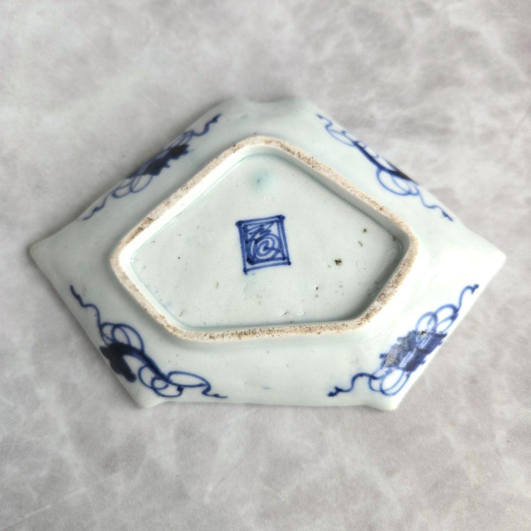古伊万里　染付小皿　型紙摺　印判　鶉　上手　型物　骨董品　アンティーク　金継ぎ