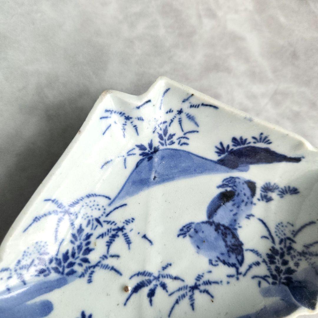 古伊万里　染付小皿　型紙摺　印判　鶉　上手　型物　骨董品　アンティーク　金継ぎ